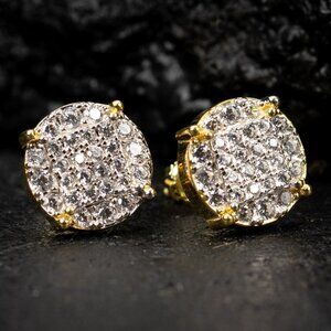 Micro Pave 14K Gold Plated Iced Cz Round Shape Stud Men's Screw Back Earrings